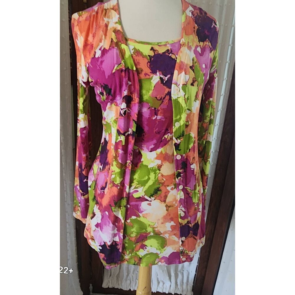F62 Gorgeous pinks oranges & greens Spiegel 2 Pc long tank & button cardigan set